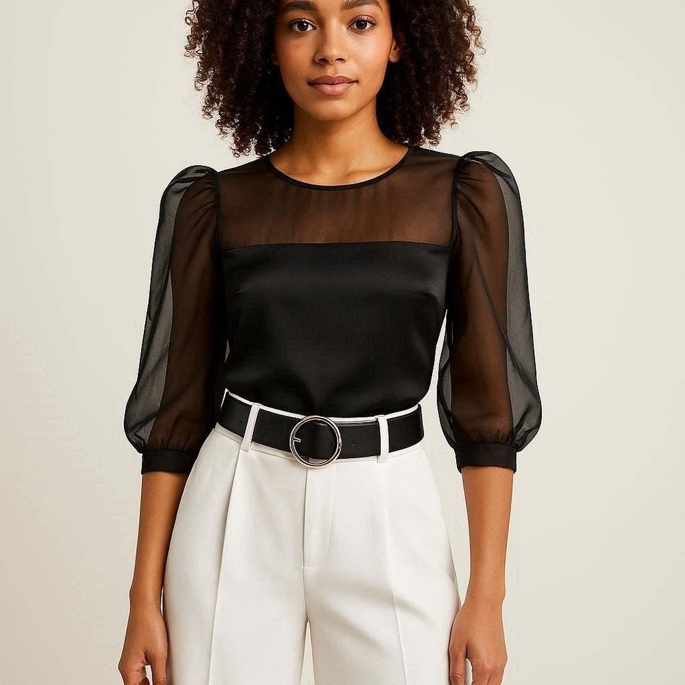 NWT CAMI NYC‎ Penelope Bodysuit Black Silk Sheer Puff Sleeve XS Going Out Formal